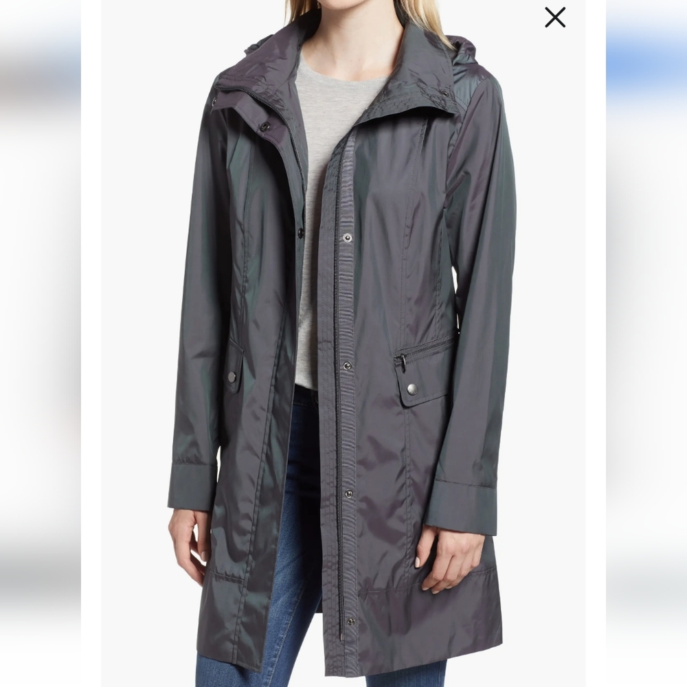 Cole Haan Signature Back Bow Packable Hooded Rain Jacket Sz L In Gunmetal